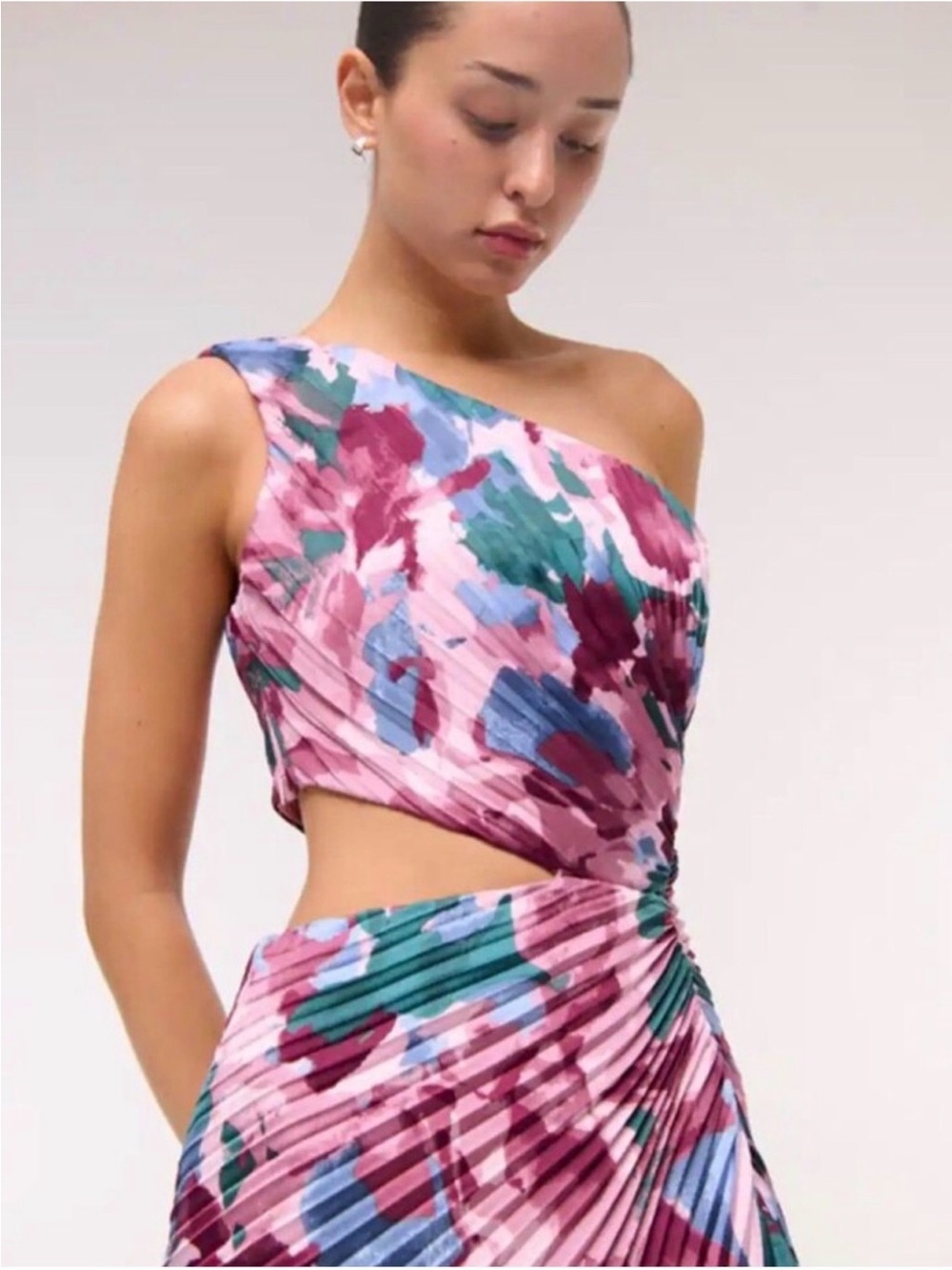 NWOT! Abercrombie One Shoulder Printed Dress With Side Slit/Ruching - Picture 3 of 8